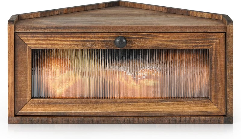 Sunhoo Bread Box for Kitchen Countertop Wooden Corner Breadbox Counter Food Storage Bin Container Farmhouse Rustic Homemade Bread Fresh Keeper Organizer Holder Vintage Stackable with Window (Brown) - Image 1